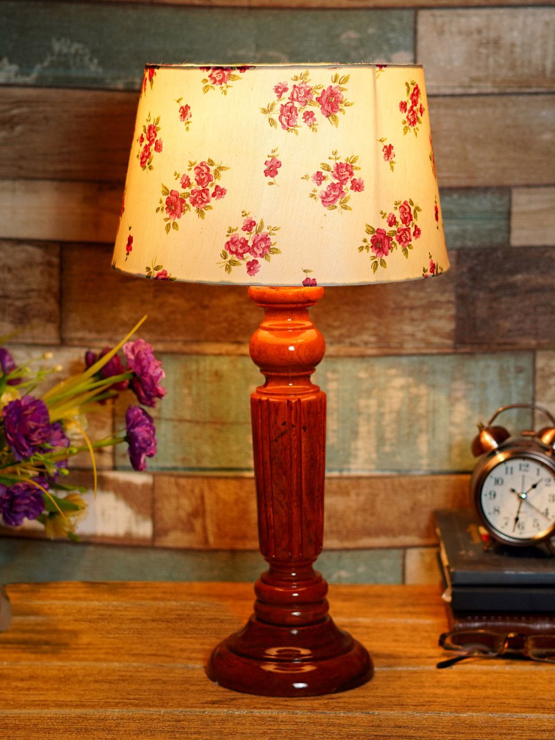 foziq Brown & Beige Printed Wooden Table Lamp Price in India