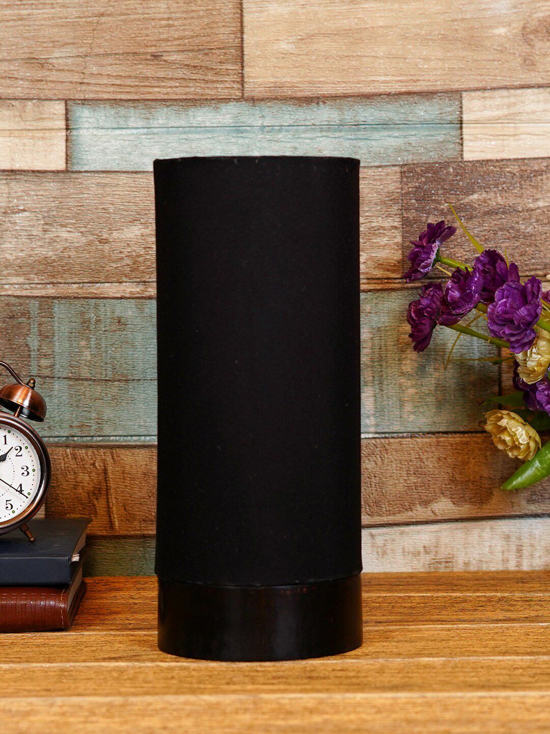 foziq Brown & Black Textured Wooden Table Lamp Price in India