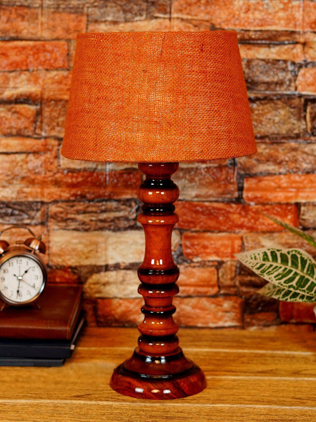 foziq Brown & Orange Textured Wooden Table Lamps Price in India