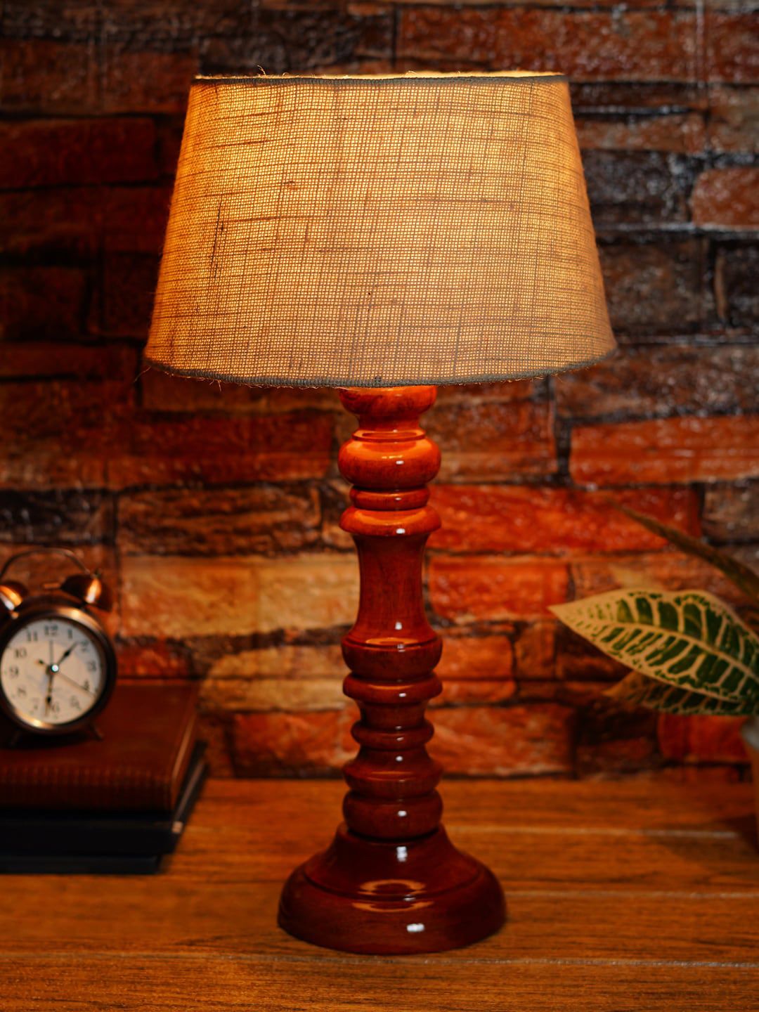 foziq Brown & Beige Textured Wooden Table Lamps Price in India