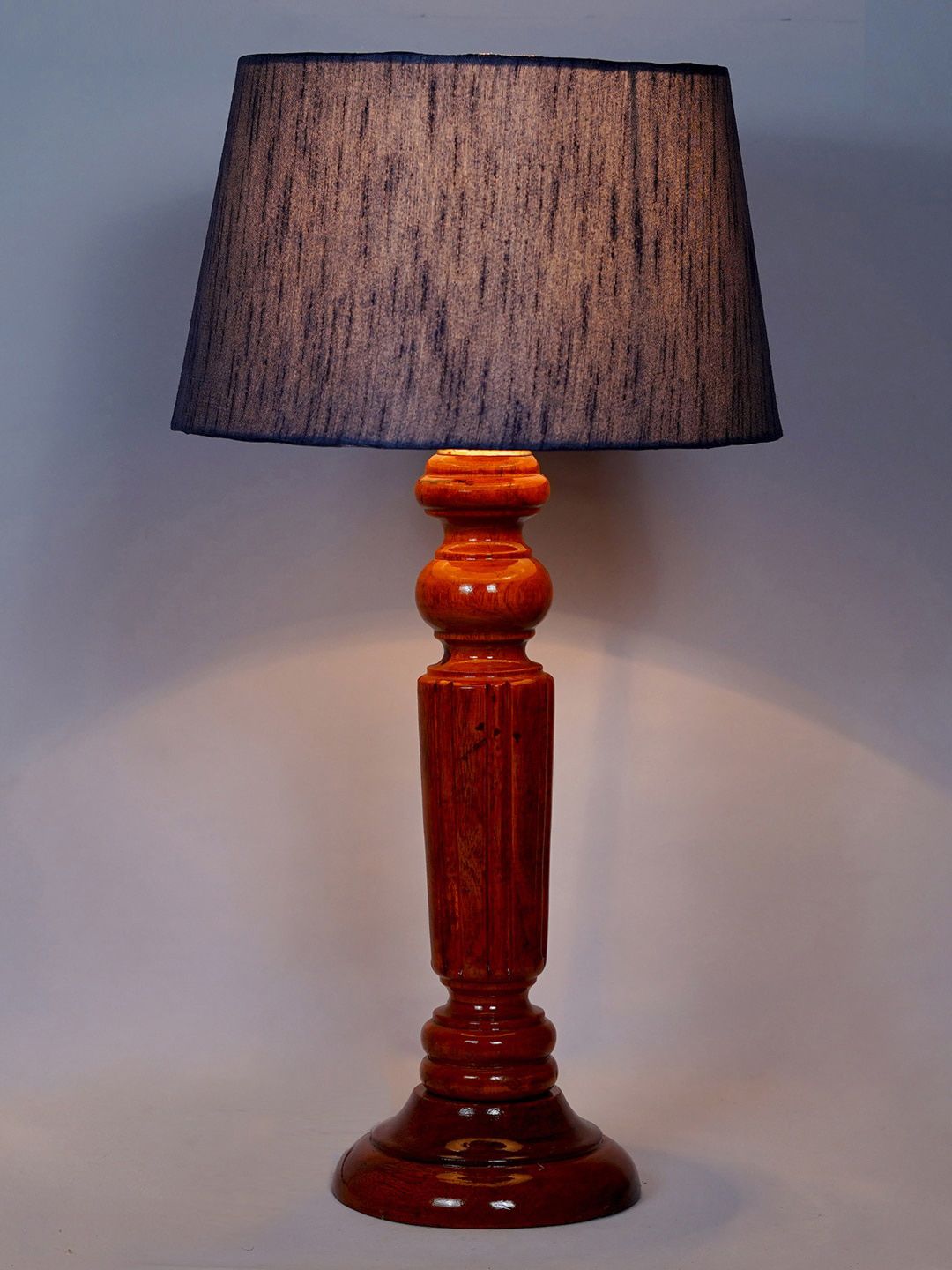 foziq Brown & Blue Textured Wooden Table Lamp Price in India