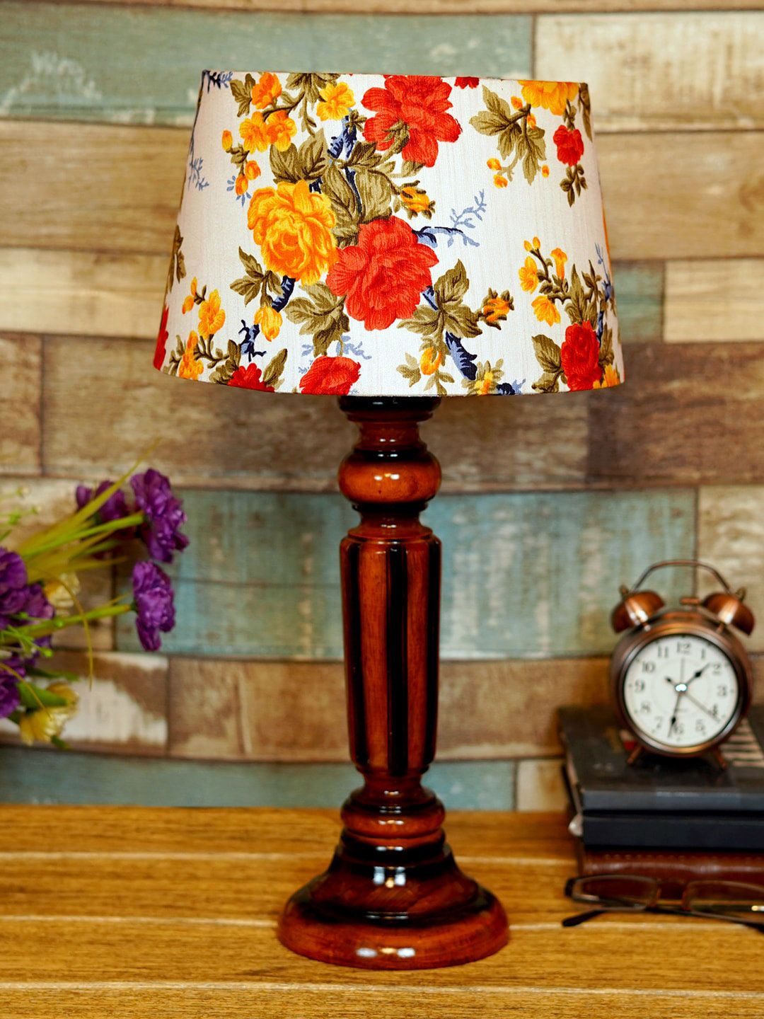 foziq Brown & White Printed Wooden Table Lamp Price in India