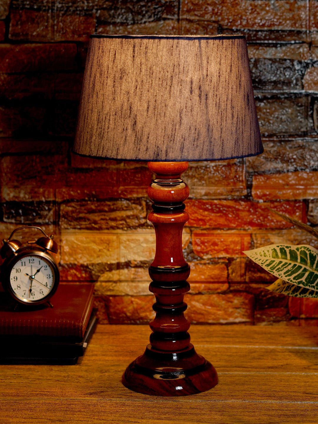 foziq Brown & Blue Textured Wooden Table Lamps Price in India