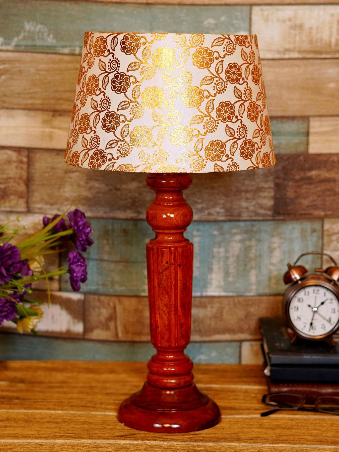 foziq Brown & Gold-Toned Printed Wooden Table Lamp Price in India
