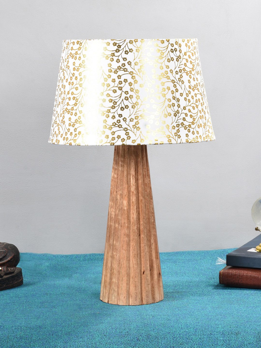 foziq Brown & White Printed Wooden Table Lamps Price in India