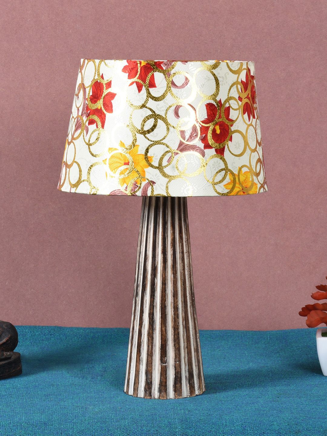 foziq Brown & White Printed Wooden Table Lamps Price in India