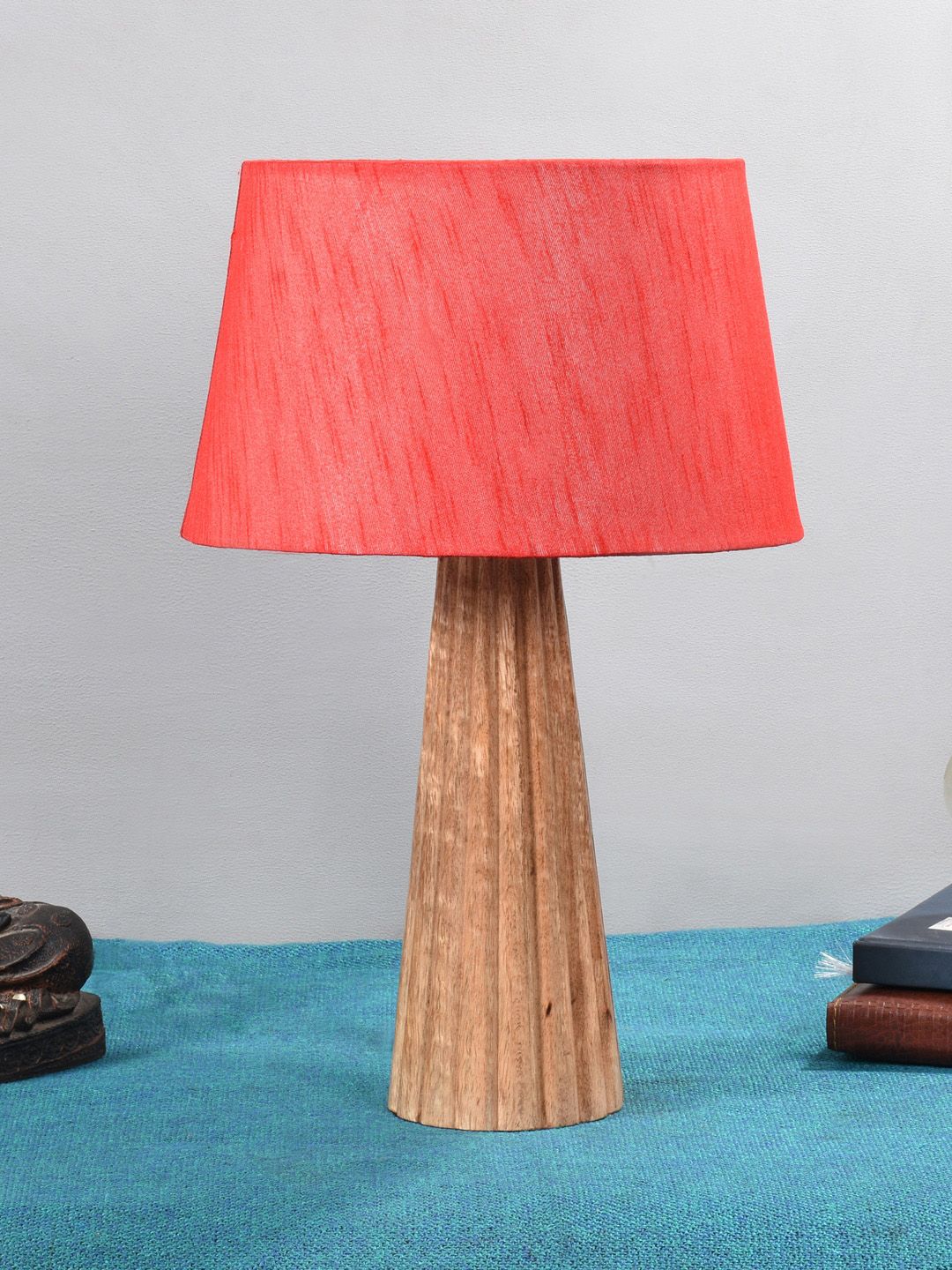 foziq Brown & Coral Textured Wooden Table Lamps Price in India