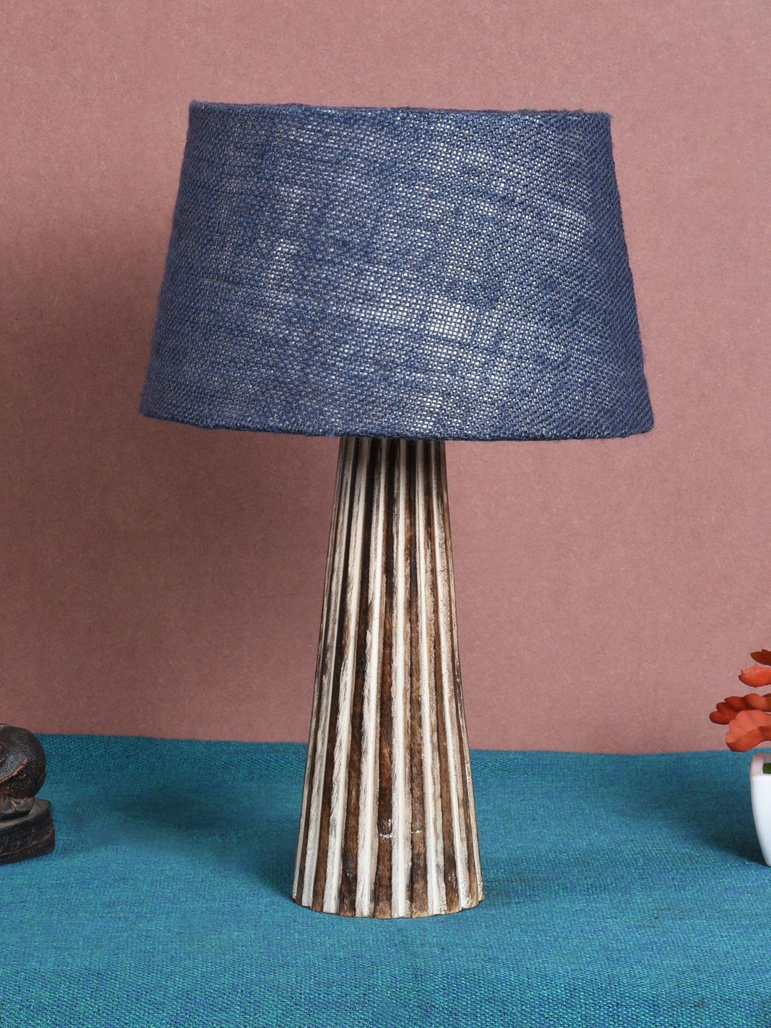 foziq Brown & Blue Textured Wooden Table Lamp Price in India