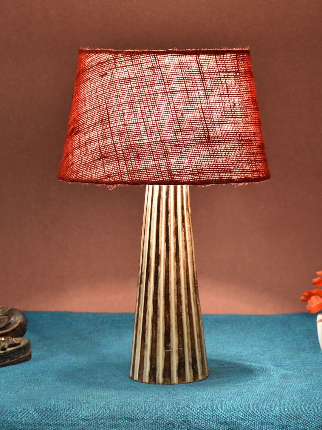 foziq Brown & Red Textured Wooden Table Lamps Price in India