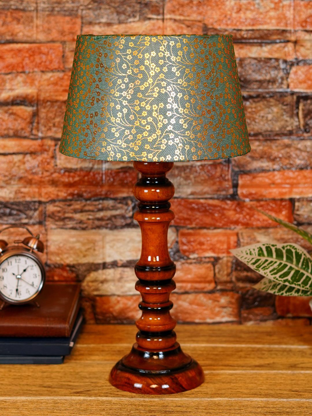 foziq Brown & Blue Printed Wooden Table Lamps Price in India