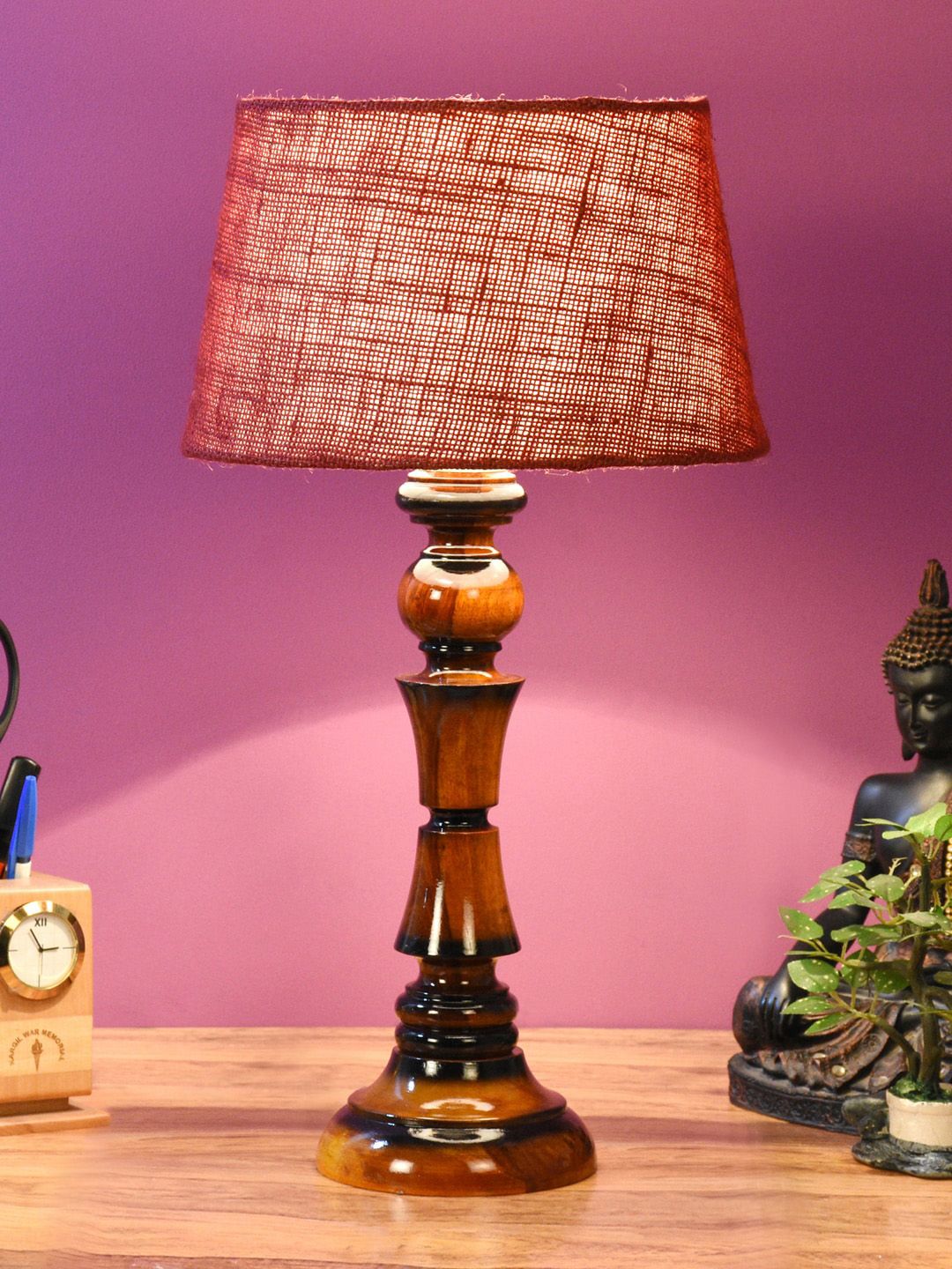 foziq Brown & Red Textured Wooden Table Lamp Price in India