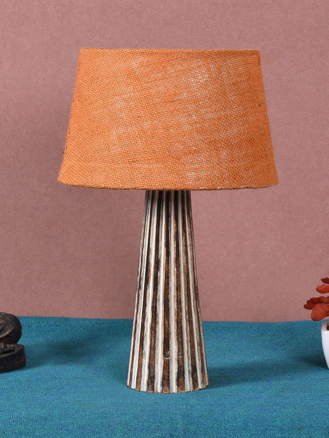 foziq Brown & Orange Textured Wooden Table Lamps Price in India