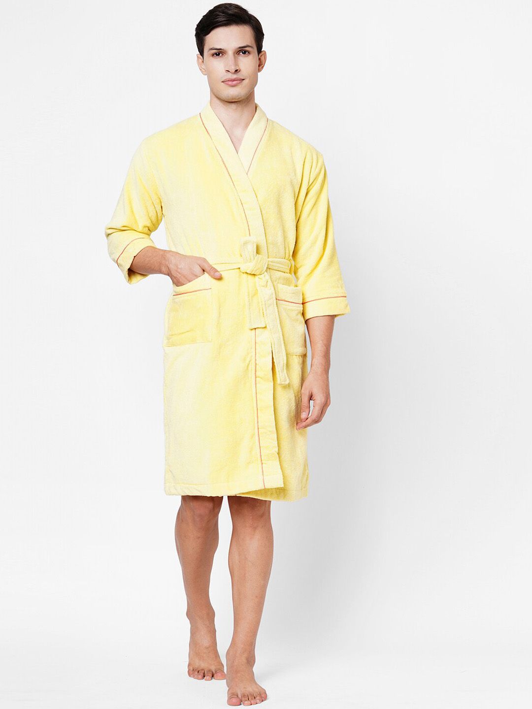 SPACES Coral Yellow Solid Pure Cotton 380 GSM Bath Robe Price in India
