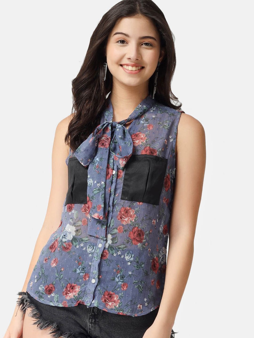 angloindu Women Blue Floral Print Tie-Up Neck Chiffon Shirt Style Top Price in India