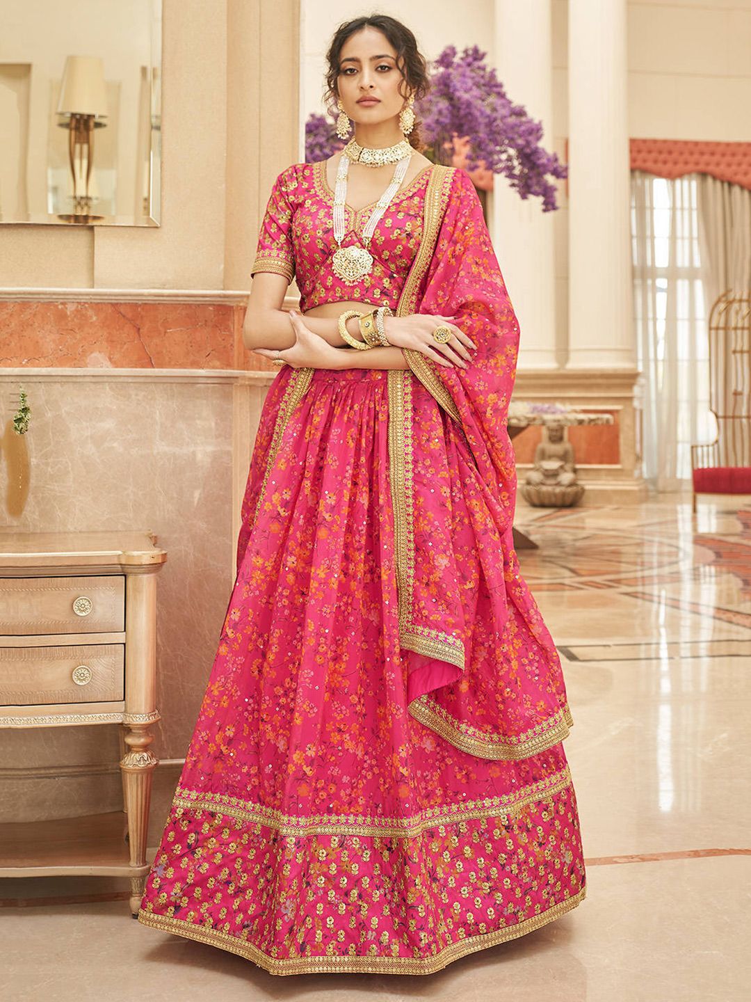 FABPIXEL Pink & Gold-Toned Embroidered Semi-Stitched Lehenga & Unstitched Blouse With Dupatta Price in India