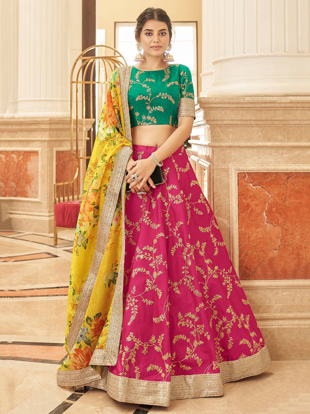 FABPIXEL Pink & Yellow Embroidered Semi-Stitched Lehenga & Unstitched Blouse With Dupatta Price in India