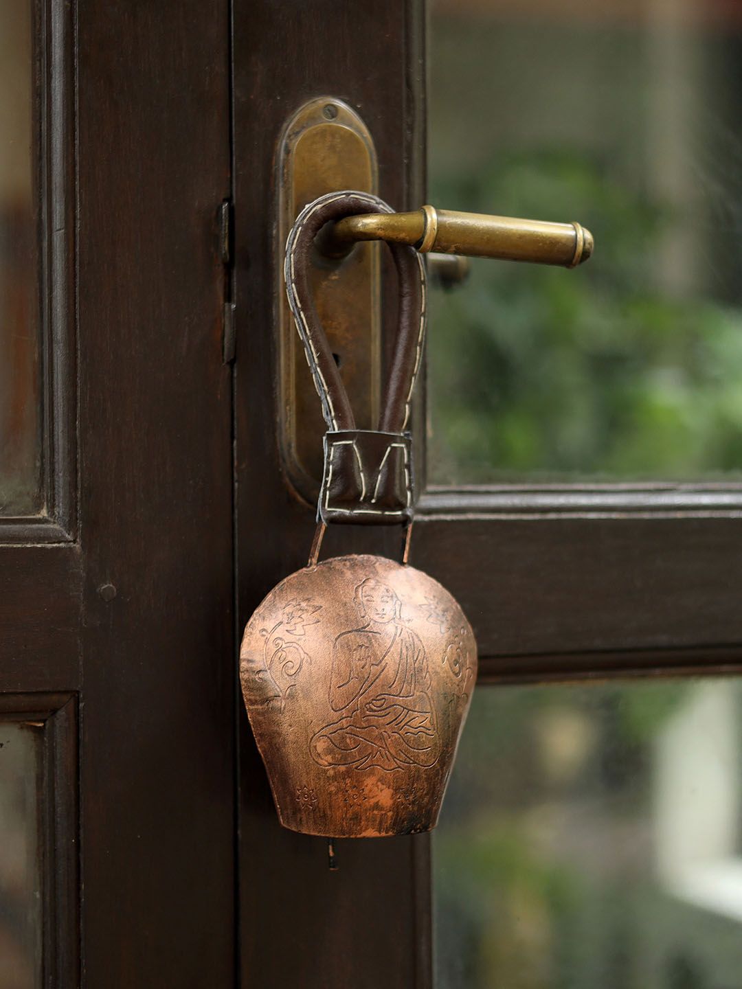 DULI Brown Metal Cowbell Windchime with Embossed Buddha Design