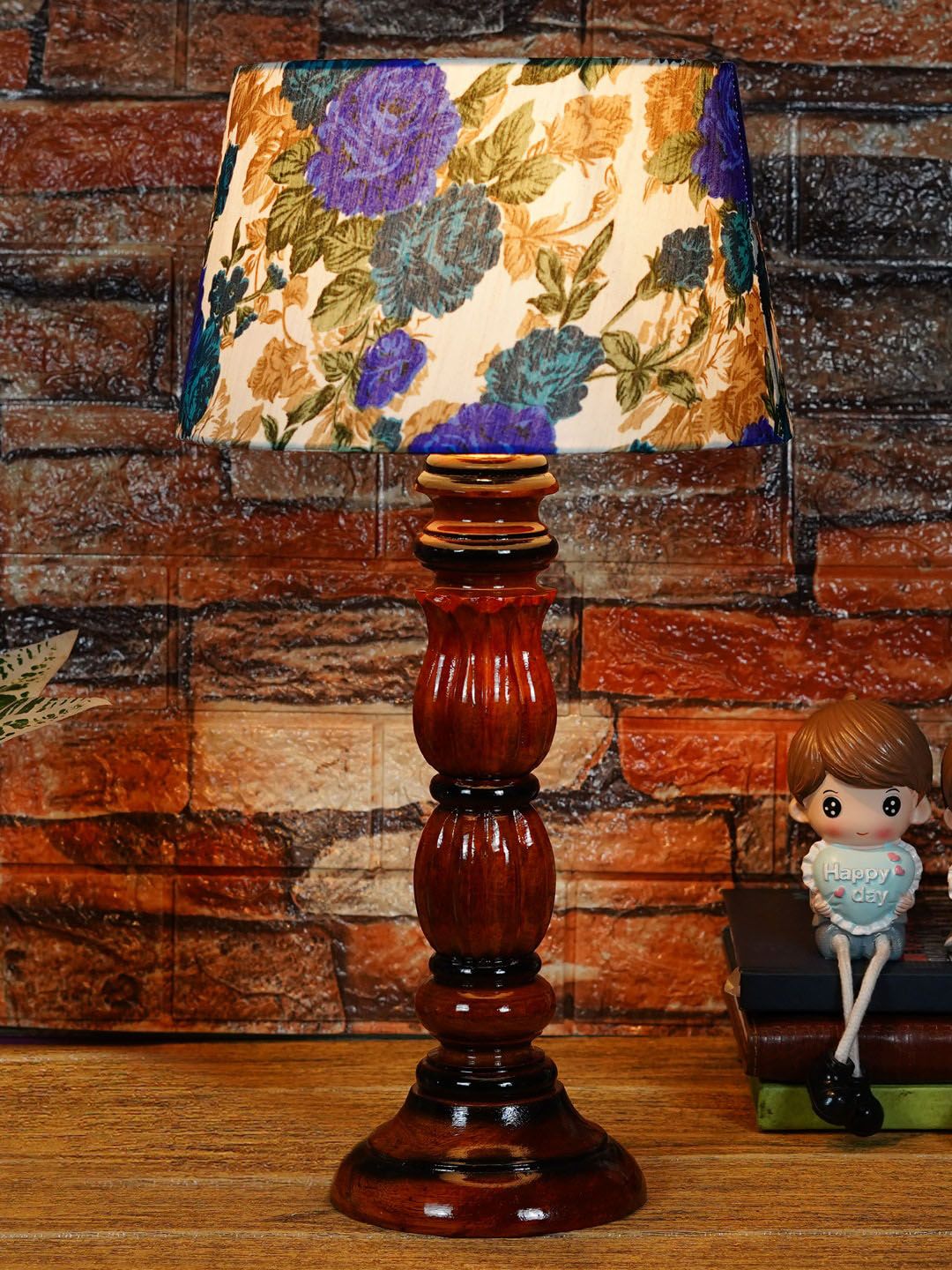 foziq Brown & Blue Printed Wooden Table Lamp Price in India