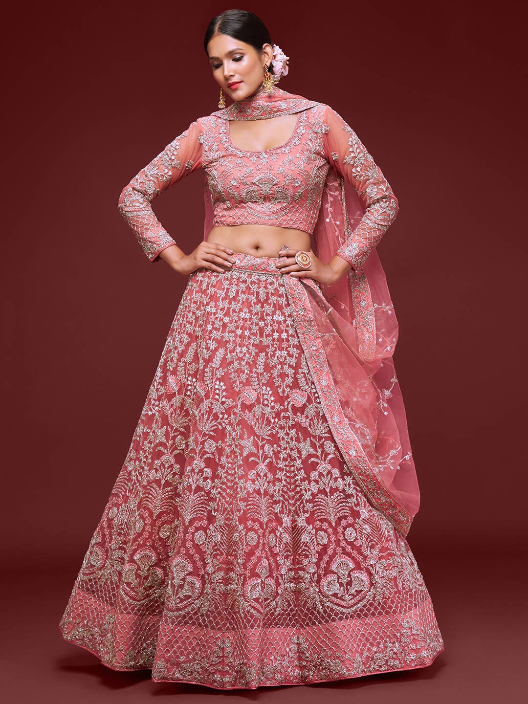 FABPIXEL Women Coral & Silver Embroidered Semi-Stitched Lehenga Choli Set Price in India