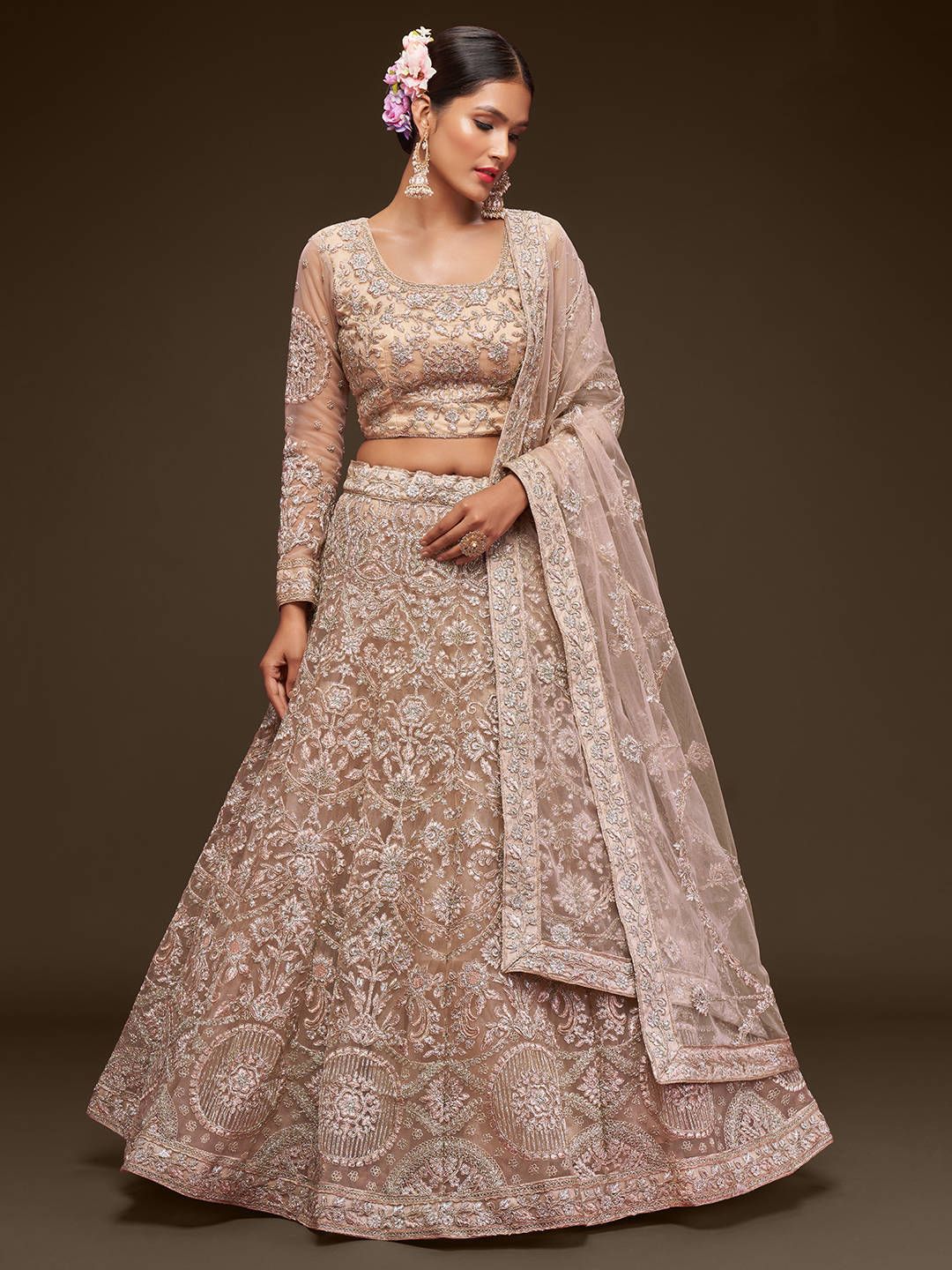 FABPIXEL Women Beige & Silver-Toned Embroidered Semi-Stitched Lehenga Set Price in India