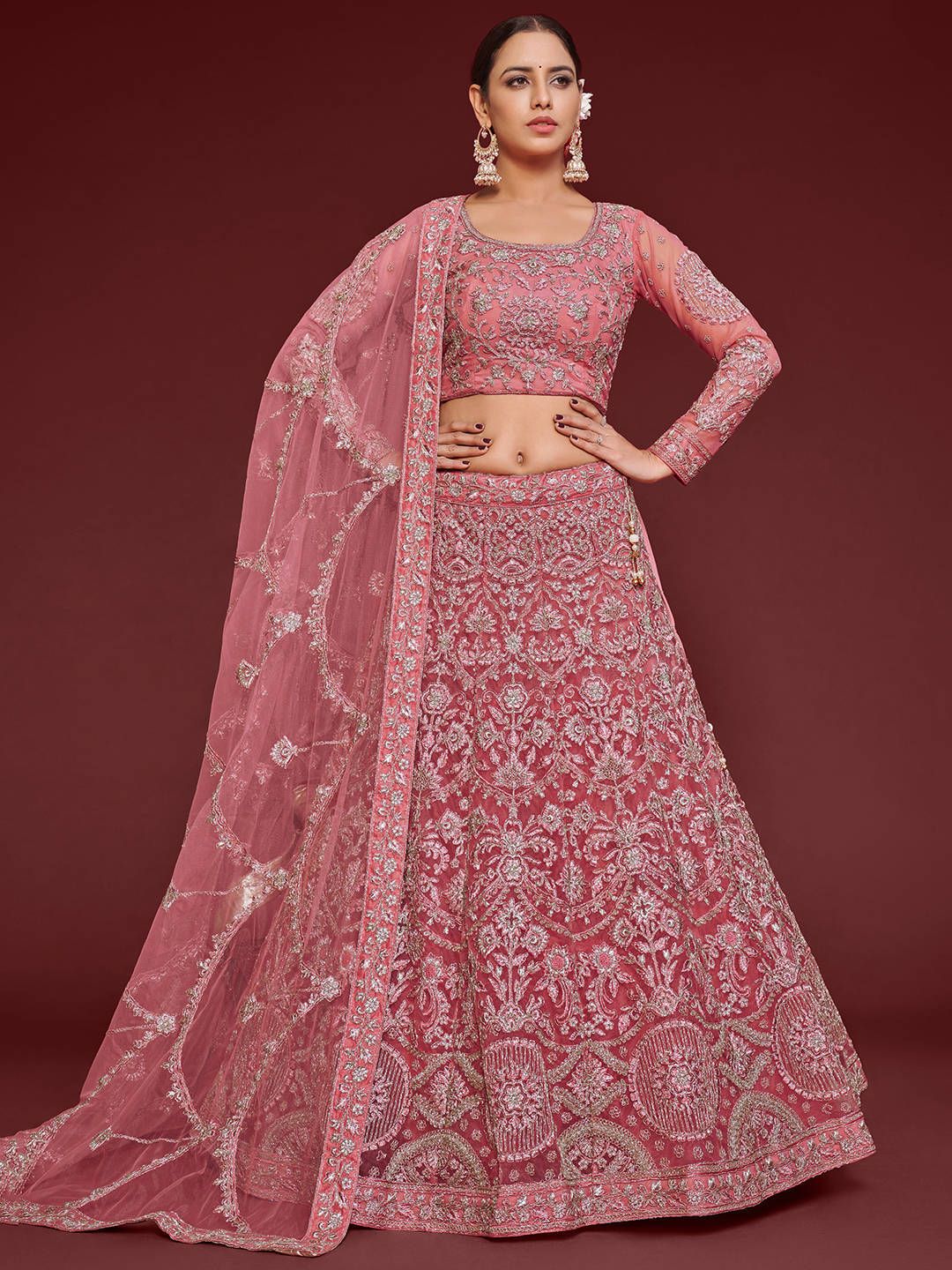 FABPIXEL Coral & White Embroidered Semi-Stitched Lehenga Choli Price in India