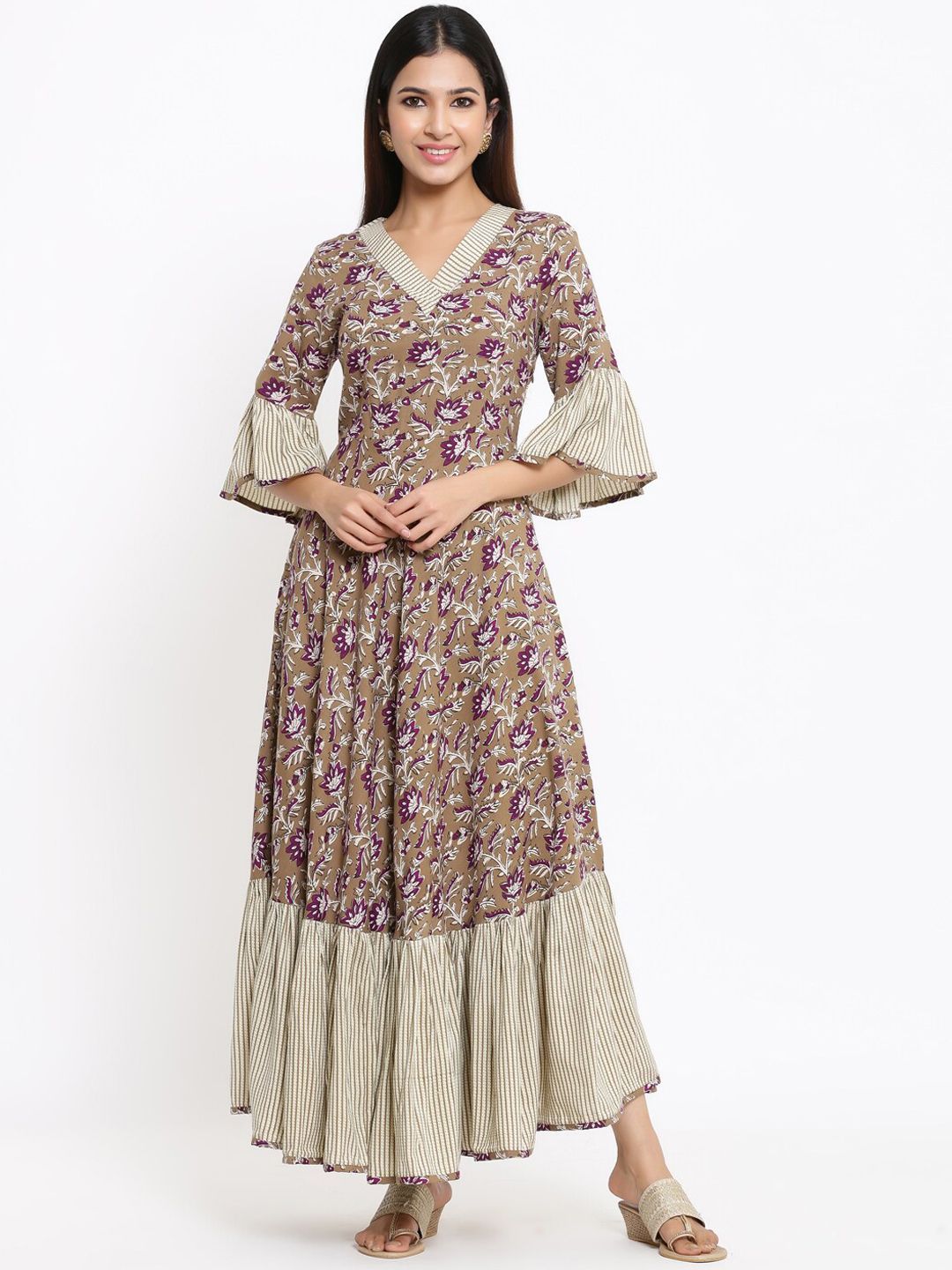 Indian Virasat Women Brown & Cream Floral Printed Bell Sleeves A-Line Kurta Price in India