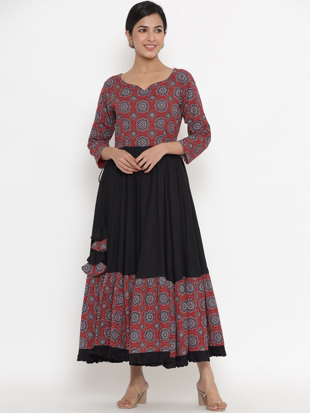 Indian Virasat Women Black & Maroon Ethnic Motifs Printed A-Line Kurta Price in India