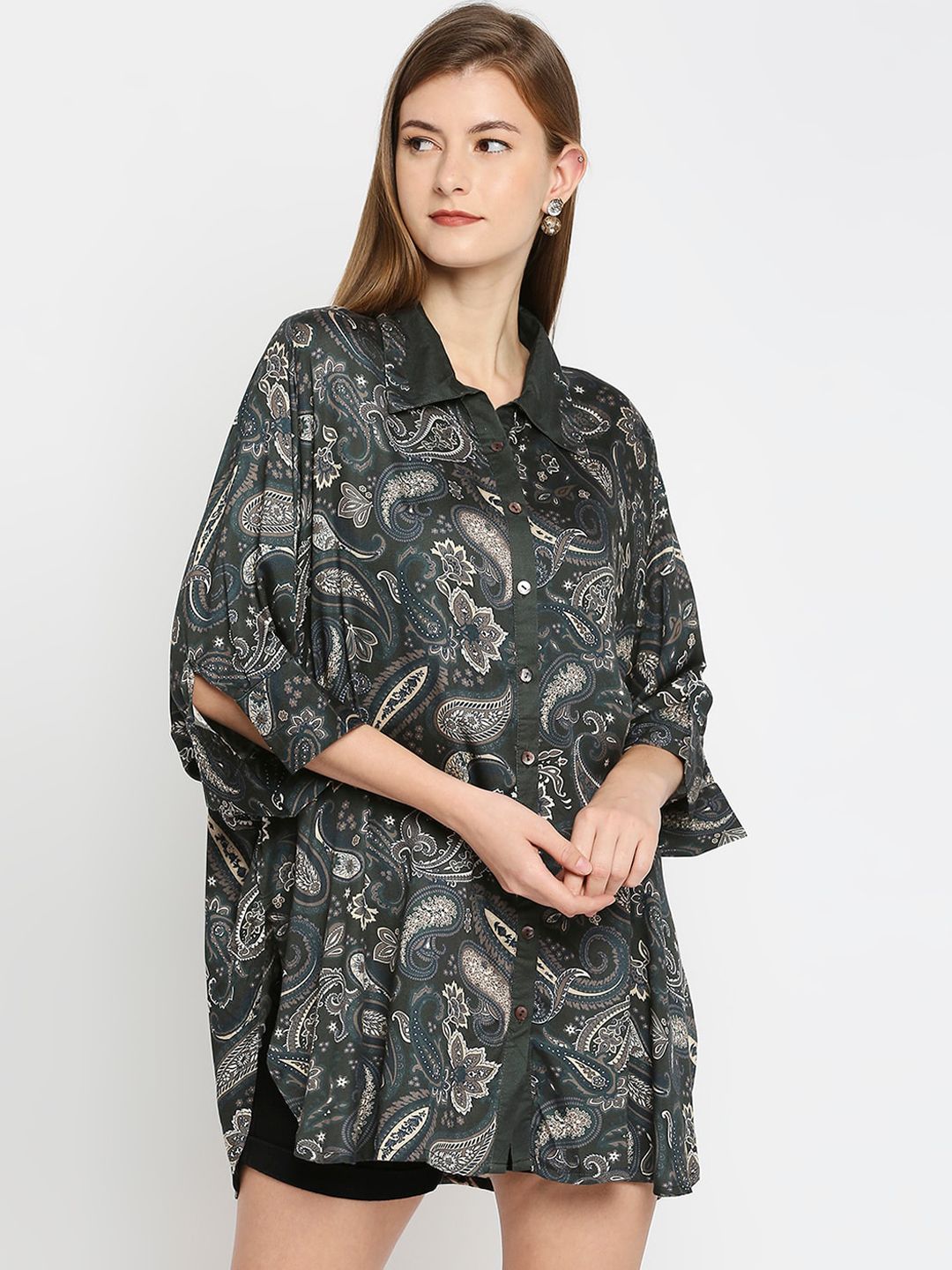 Cloth Haus India Black Paisley Printed Kaftan Shirt Style Longline Top Price in India