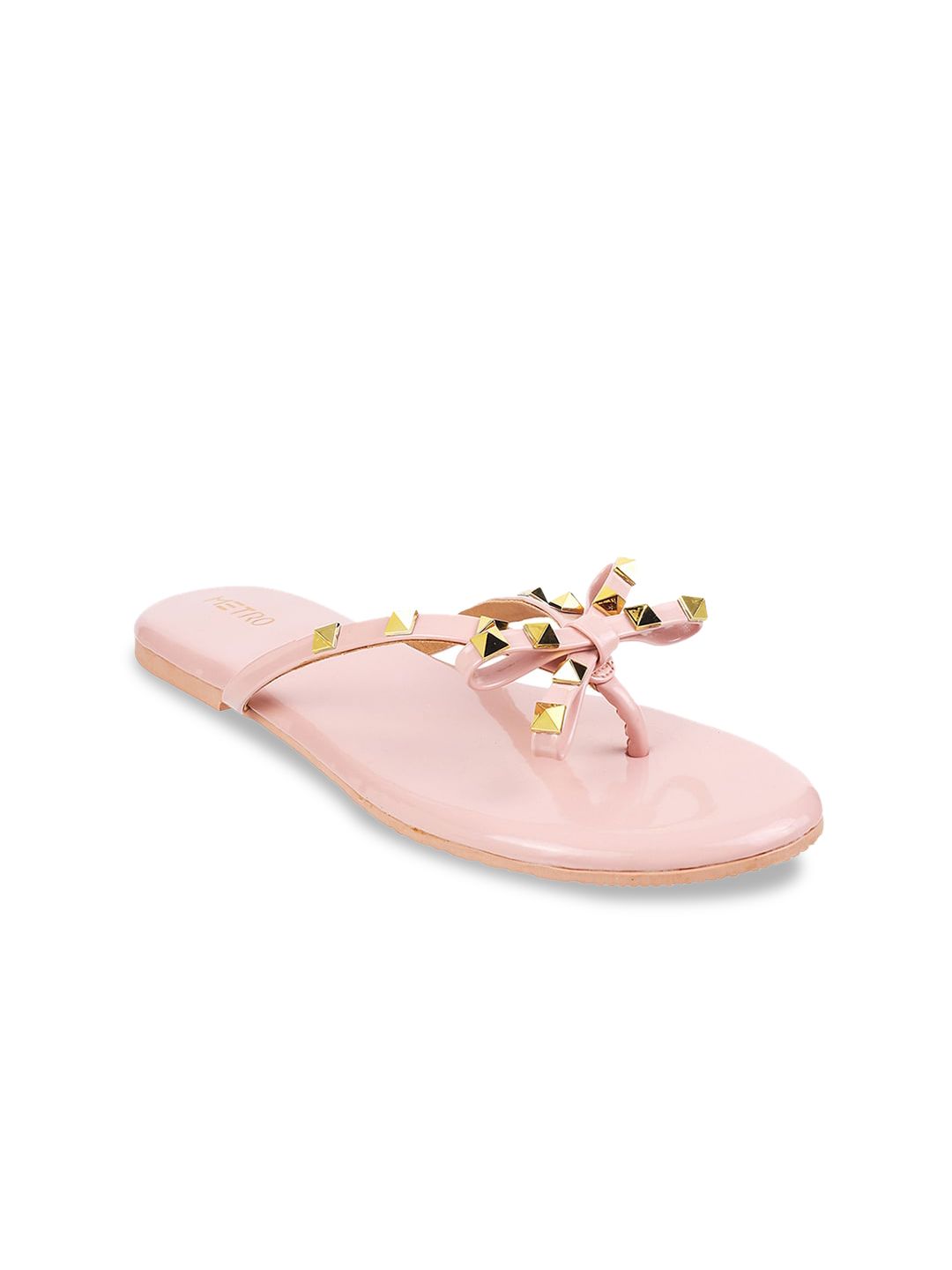 Metro Women Peach-Coloured Embellished T-Strap Flats Price in India