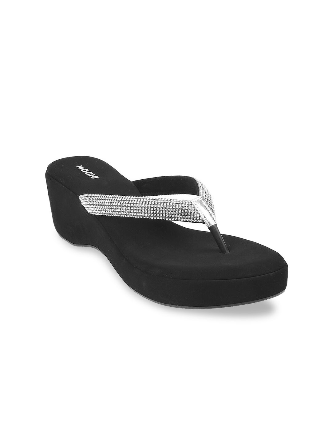 Mochi Women Black & Silver-Toned Platform Sandals