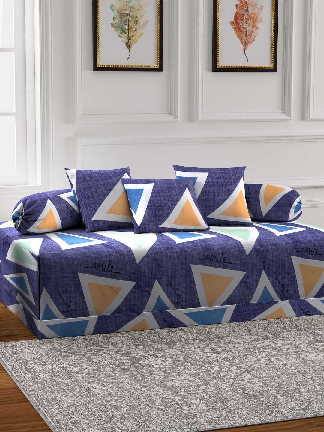 Arrabi Multi Set of 6 Blue & White Geometric Print Diwan Set with Bolster & Cushion Covers Price in India