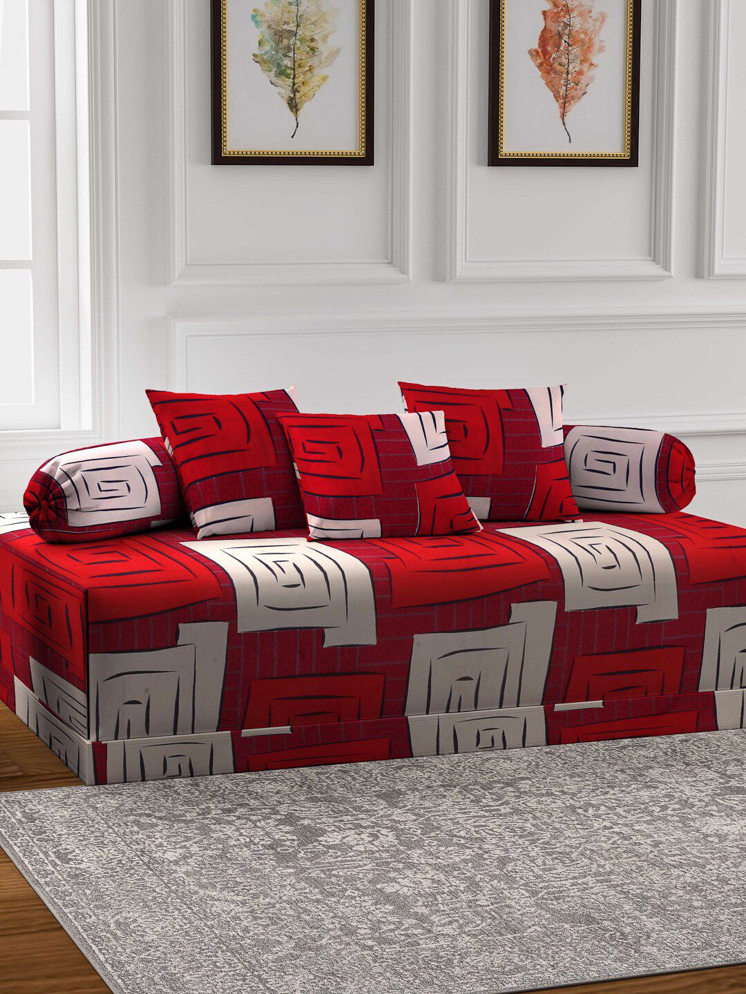 Arrabi Red 6 Pieces Geometric Print Diwan Set Price in India