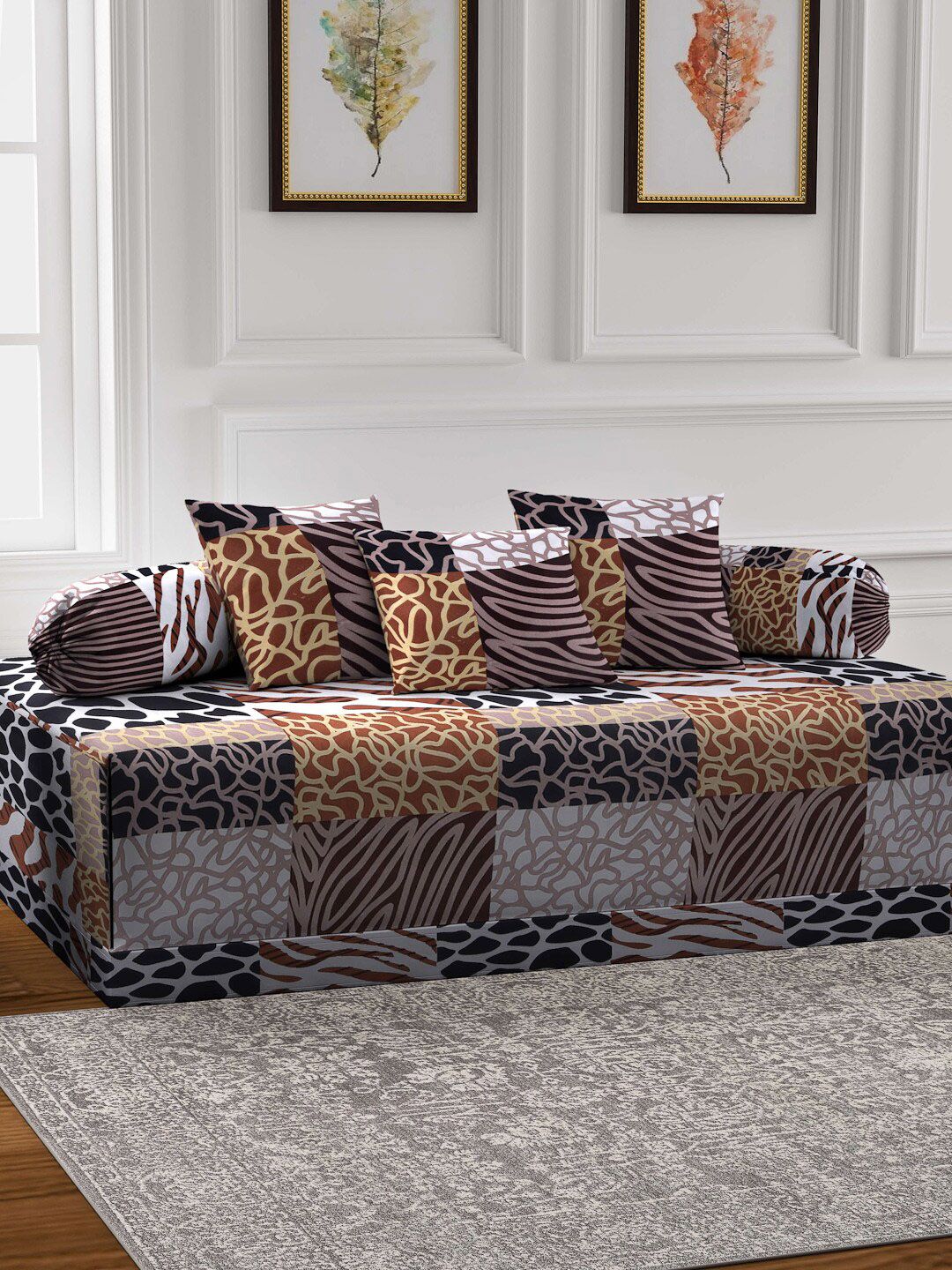 Arrabi 6 Pieces Brown Printed Diwan Set Price in India