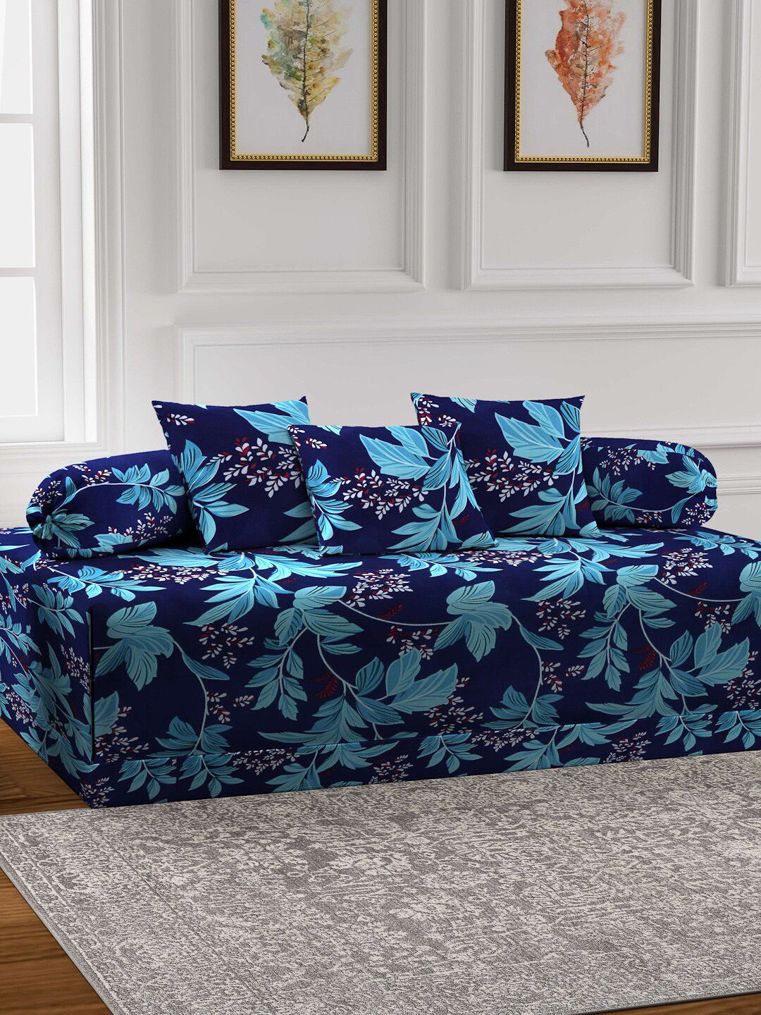 Arrabi Blue Set of 6 Blue & White Floral Print Diwan Set with Bolster & Cushion Covers Price in India