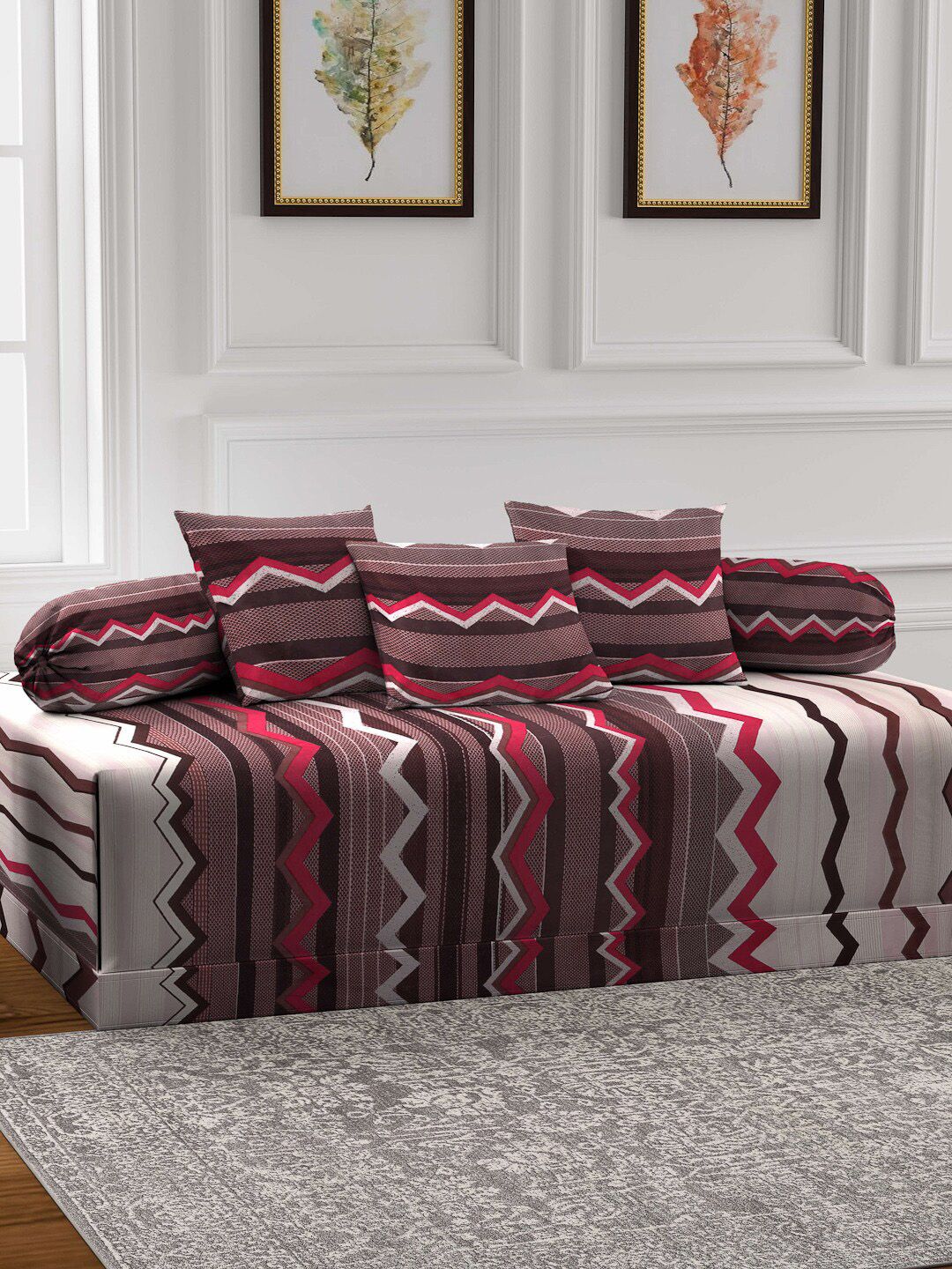 Arrabi Set of 6 Brown Geometric Printed Diwan Set Price in India