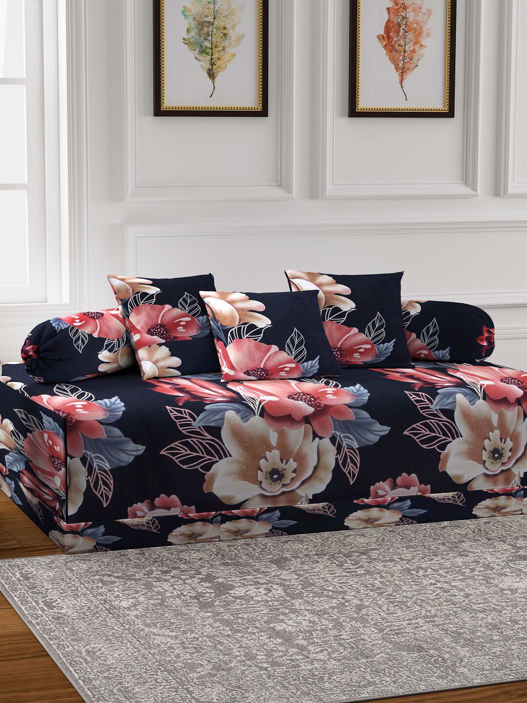 Arrabi Black Set of 6 Floral TC Cotton Blend Diwan Set Price in India