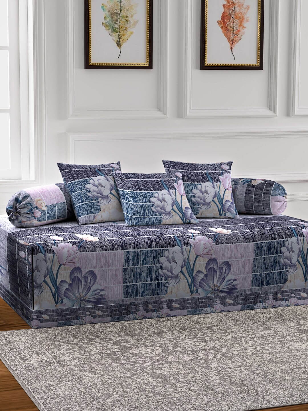 Arrabi Set of 6 Blue & Lavender Checked & Floral Diwan Set with Bolster & Cushion Cover Price in India