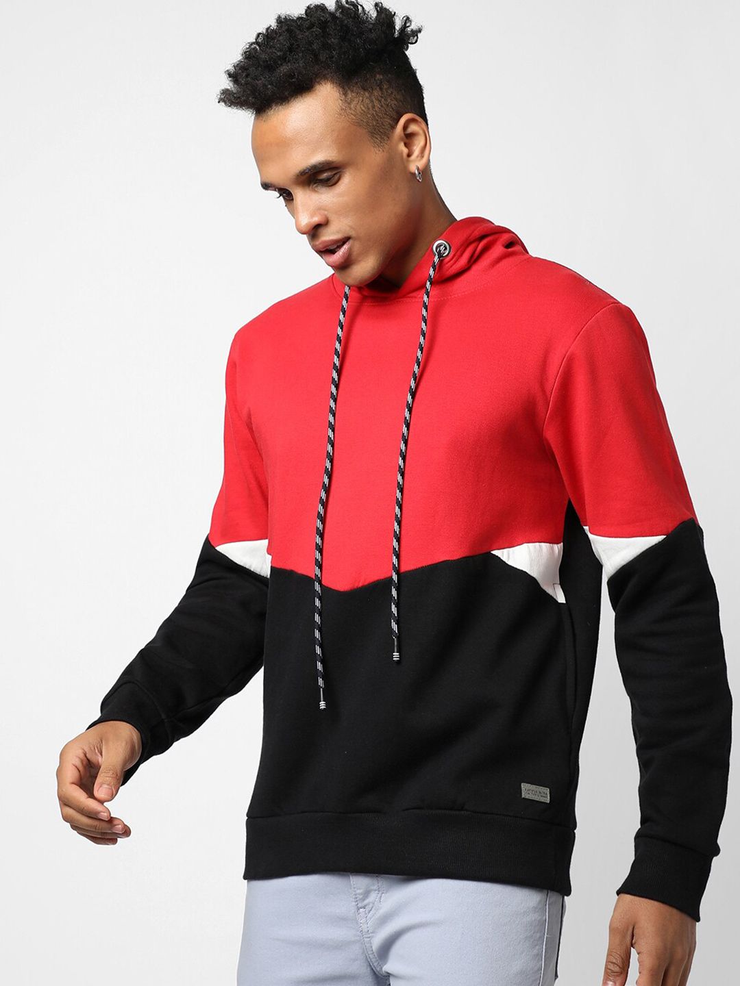 CAHOOT Men Red & Black Colourblocked Hooded Sweatshirt