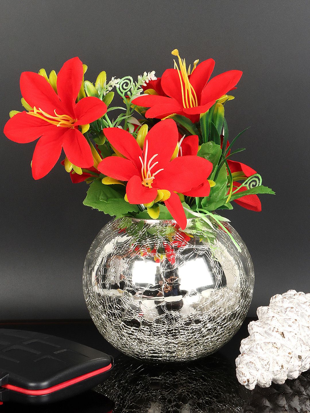 BS AMOR Red & Silver-Toned Artificial Flowers Bouquet with Vase Price in India