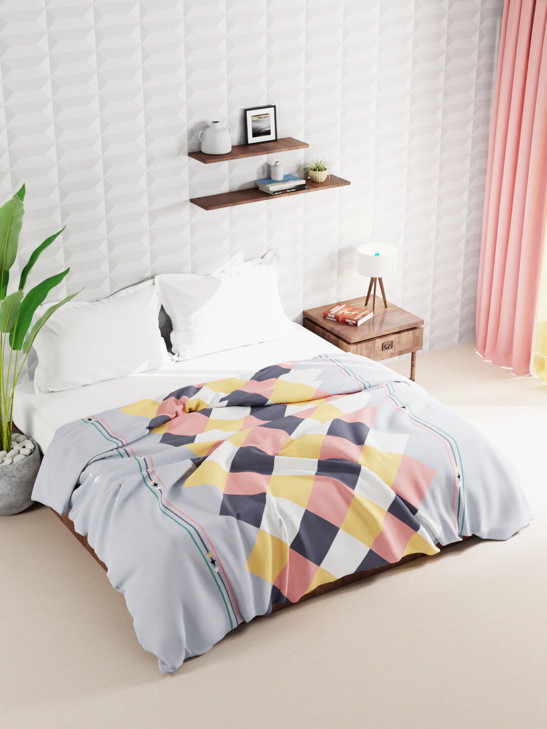 BIANCA Grey Melange & Yellow Geometric AC Room Double Bed Comforter Price in India