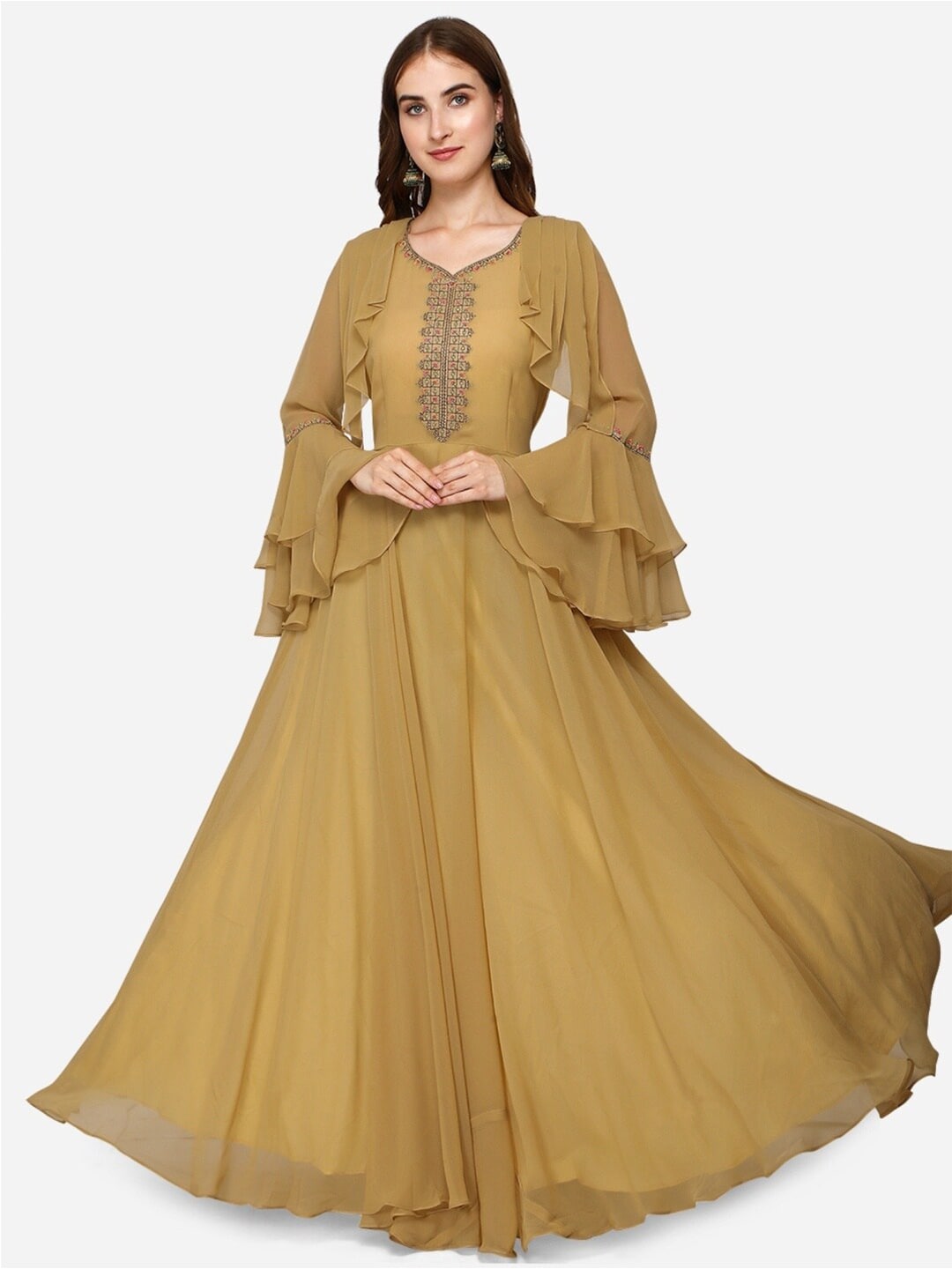 APNISHA Women Beige Embroidered Georgette Ethnic Maxi Dress Price in India