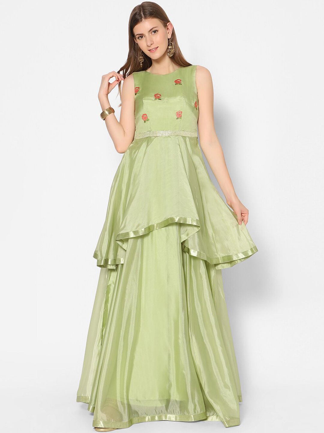 Kiya Green Solid Layered Ethnic Maxi Dress Price in India