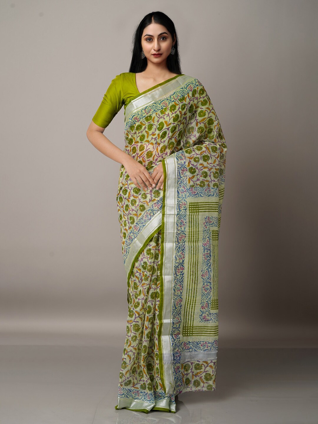 Unnati Silks Green & Silver-Toned Ethnic Motifs Pure Cotton Kota Saree Price in India