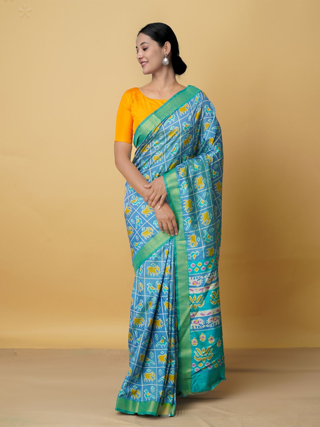 Unnati Silks Blue & Yellow Ethnic Motifs Zari Art Silk Patola Saree Price in India