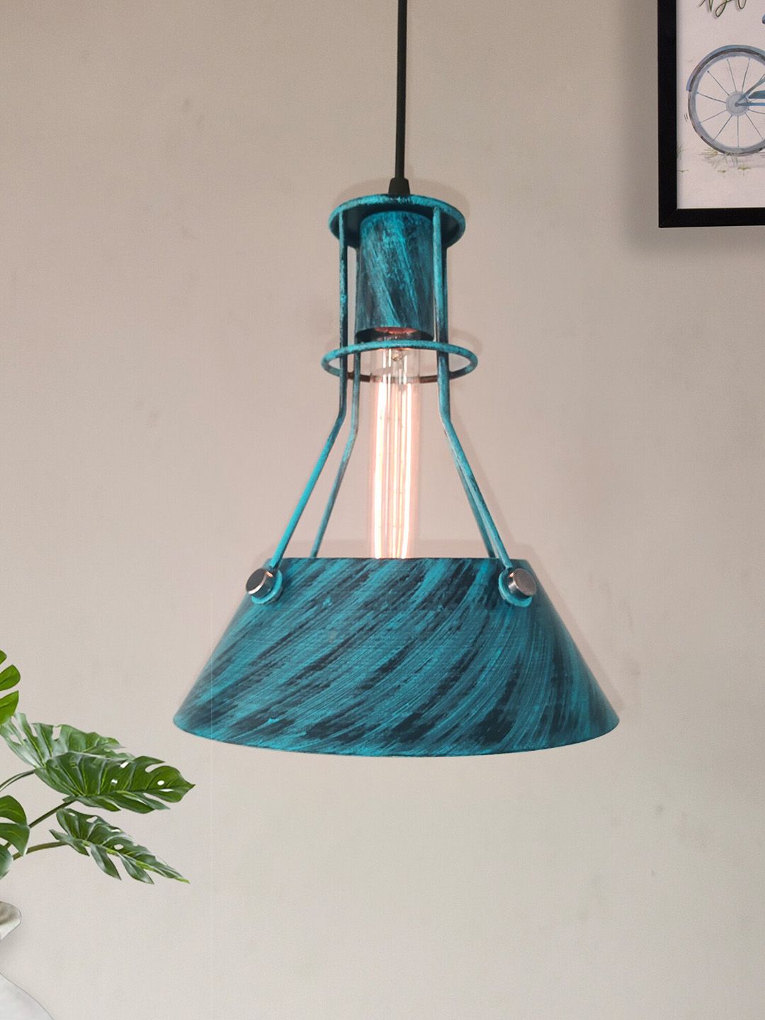 Homesake Turquoise Blue Distress Cone Ceiling Lamp With Filament Bulb Price in India