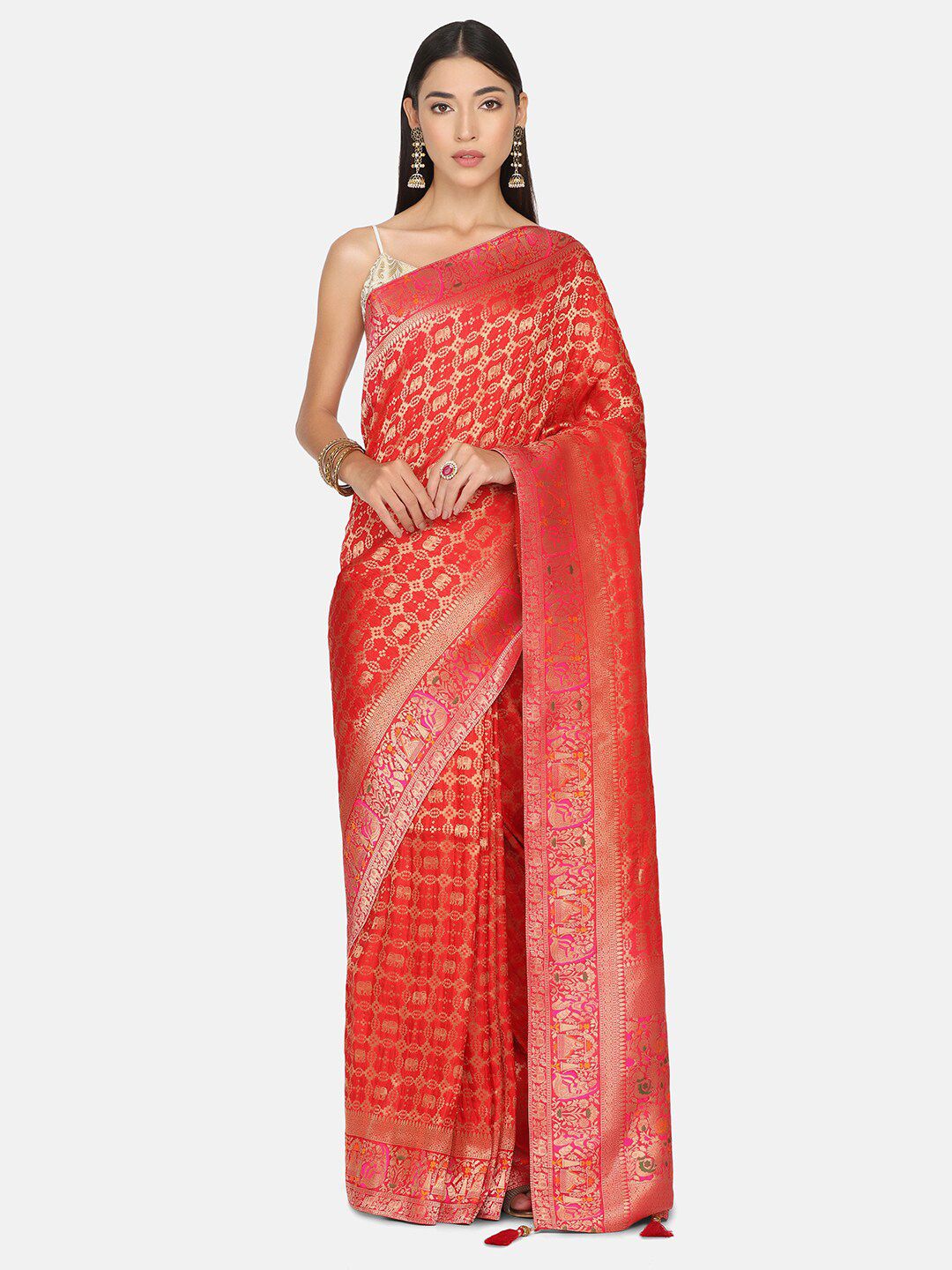 BOMBAY SELECTIONS Red & Gold-Toned Woven Design Zari Pure Silk Banarasi Saree Price in India