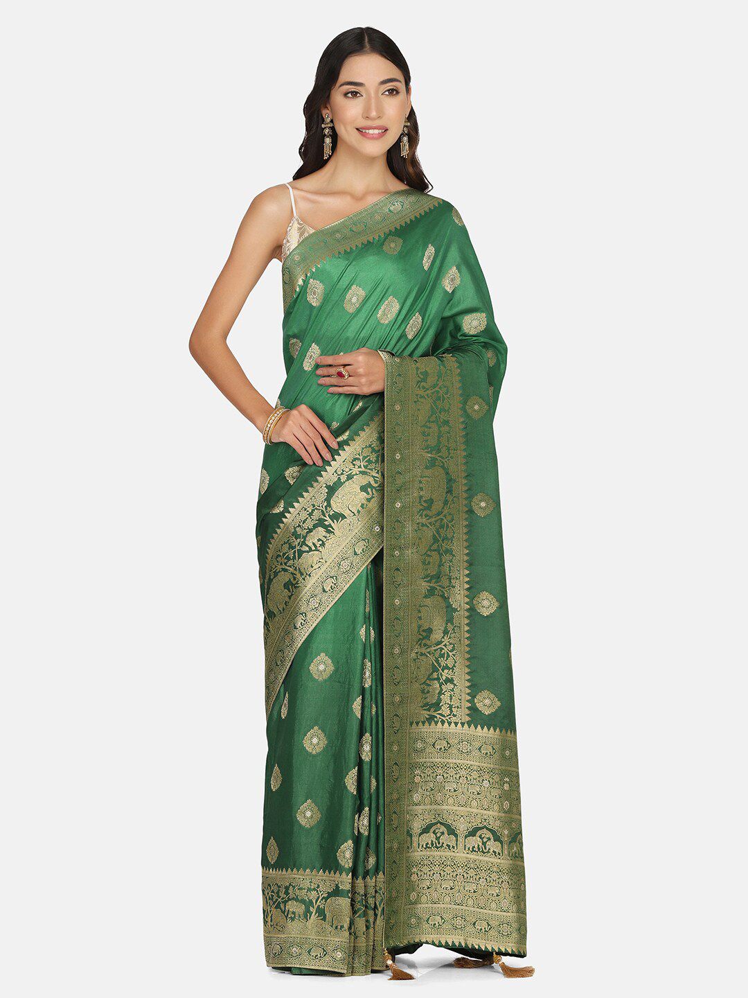 BOMBAY SELECTIONS Green & Gold-Toned Woven Design Zari Pure Silk Banarasi Saree Price in India