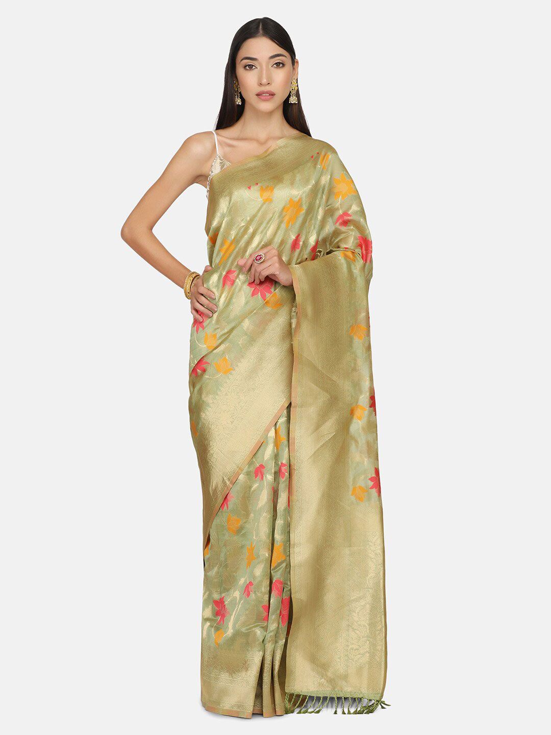 BOMBAY SELECTIONS Green & Peach-Coloured Woven Design Zari Organza Banarasi Saree Price in India