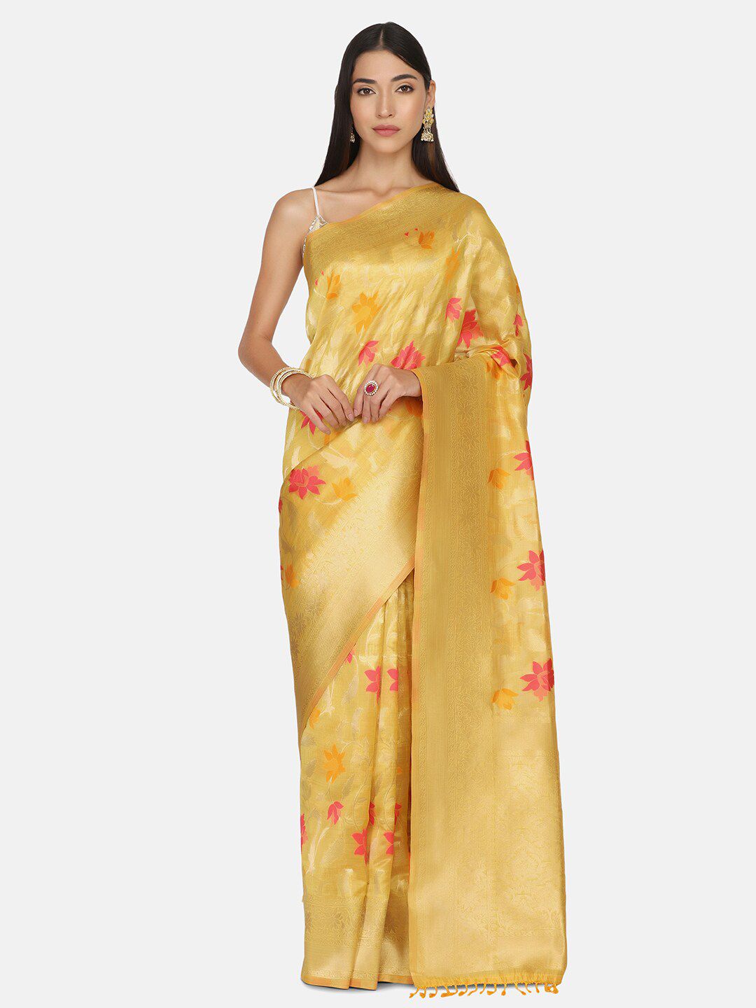 BOMBAY SELECTIONS Yellow & Red Floral Zari Organza Banarasi Saree Price in India