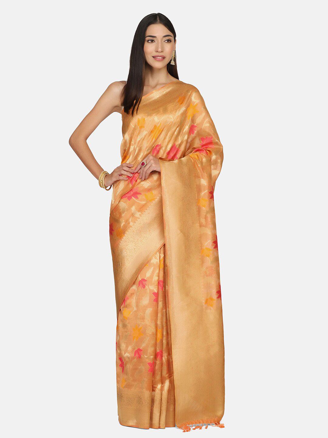 BOMBAY SELECTIONS Peach-Coloured & Yellow Woven Design Zari Organza Banarasi Saree Price in India